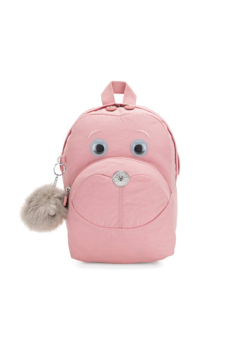 Zaino rosa con grandi occhi cartooneschi, un dettaglio in pom-pom peloso e una forma rotonda con una cerniera e spallacci regolabili.