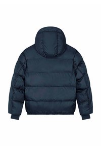 Giacca imbottita blu navy con collo alto e cappuccio, caratterizzata da cuciture orizzontali e polsini elastici che assicurano una vestibilità aderente.