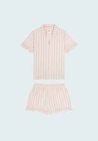 Ensemble de pyjama à manches courtes et boutons, composé de rayures verticales roses et blanches et de volants au niveau des manches et des shorts. Fabriqué dans un tissu doux et léger.