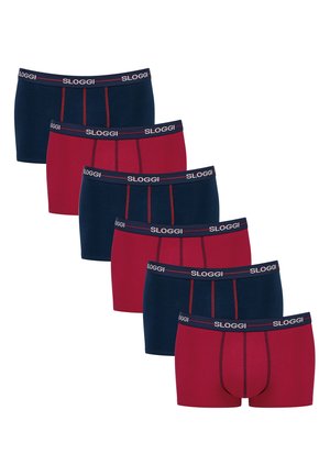 Sloggi boxer briefs in navy and red. Cotton blend fabric with contrasting elastic waistbands and decorative seams. Six-pack arrangement.