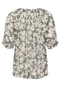 Letfaldet, cremet bluse med sort blomstermønster, korte ærmer, plisseret halsudskæring og en afslappet pasform.