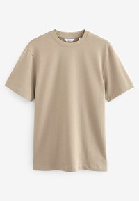 Beige T-Shirt mit kurzen Ärmeln aus weichem Baumwollstoff. Merkmale sind ein runder Halsausschnitt, lockere Passform und glatte Textur ohne Muster oder Akzente.