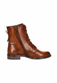 Stivaletto in pelle marrone con finitura liscia, dotato di allacciatura frontale, zip laterale e tacco basso impilato. Gli accenti testurizzati aggiungono dettagli.