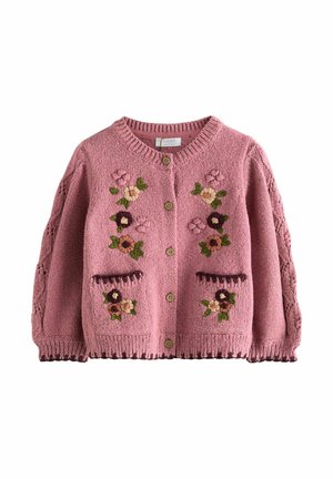 Rosa gestrickte Strickjacke mit floralen Stickereien, rundem Ausschnitt, Knopfleiste, zwei Taschen mit floralen Details sowie gerippten Bündchen und Saum.