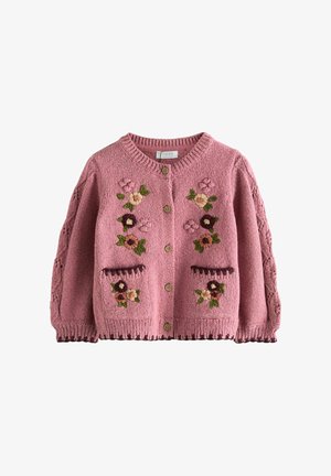 Rosa gestrickte Strickjacke mit floralen Stickereien, rundem Ausschnitt, Knopfleiste, zwei Taschen mit floralen Details sowie gerippten Bündchen und Saum.