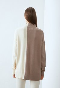 Knit sweater featuring a color-block design with cream and light brown sections, high collar, and ribbed cuffs, shown from the back.