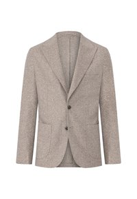 Houndstooth-mønstret blazer i lys beige, fremstillet af tekstureret stof. Funktionen inkluderer klippede revers, to forlommer og to knapper.