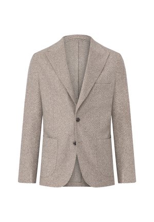 Blazer a motivo houndstooth in beige chiaro, realizzato in tessuto testurizzato. Presenta un colletto a punta, due tasche frontali e due bottoni.