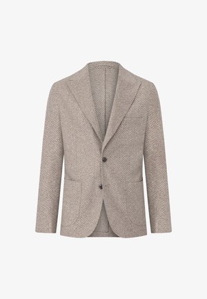 Houndstooth patterned blazer in light beige, constructed from textured fabric. Features a notched lapel, two front pockets, and two buttons.