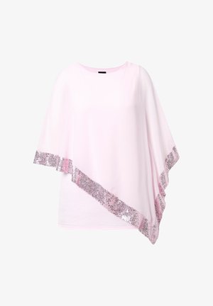 Jasnoróżowe asymetryczne ponczo z błyszczącą cekinową lamówką na dolnym brzegu i okrągłym dekoltem.