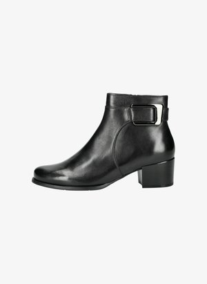 Black leather ankle boot with a rounded toe, side buckle detail, and a textured finish. Features a block heel for stability.