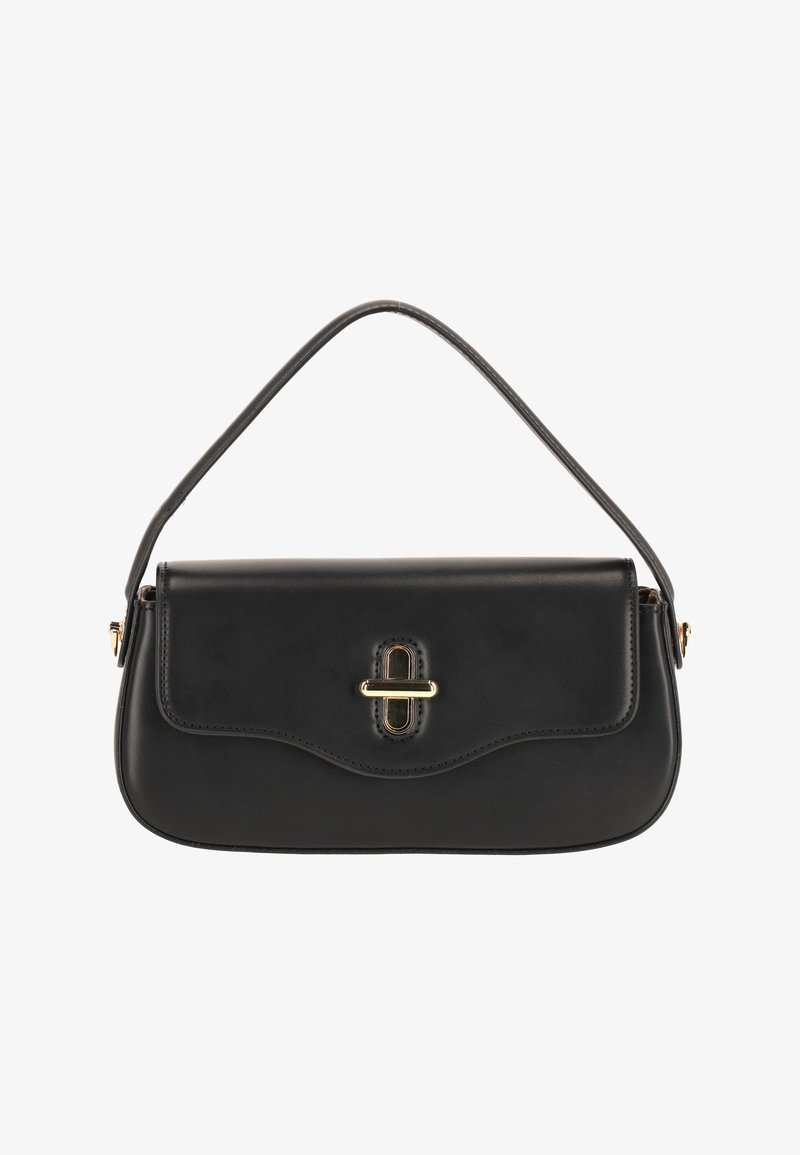 Borsa a mano in pelle nera con patta curva, dettagli in oro e un elemento decorativo centrale. Caratterizzata da un manico superiore singolo per il trasporto.