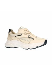 Beige sport schoenen met gaaspanelen, zwarte accenten en een dikke witte zool. Veters vastgezet aan de voorkant, gladde textuur en ronde neus.