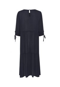 Seegrün fließendes Kleid mit kurzen, gerafften Ärmeln, die an den Bündchen gebunden sind. Verfügt über einen Rückenausschnitt in Form eines Schlüssellochs und ein gestuftes Rockdesign. Weicher Stoff.