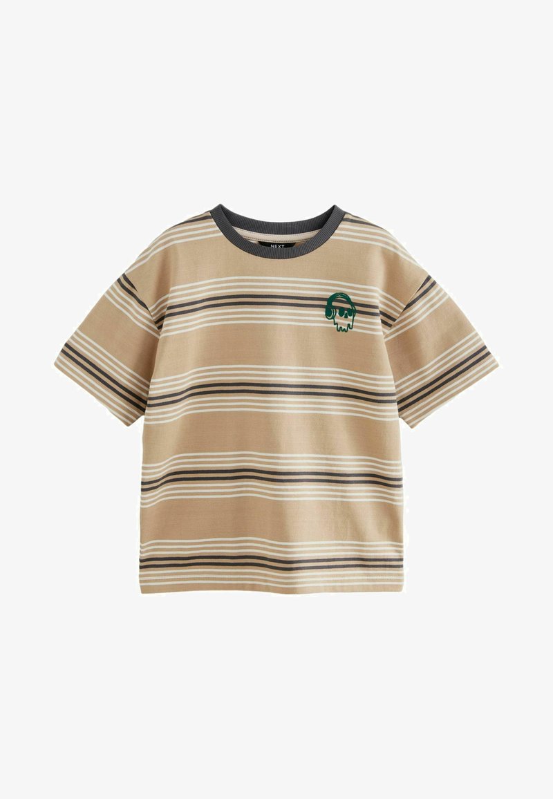 Gestreiftes T-Shirt mit kurzen Ärmeln in Beige mit grünem Totenkopf-Print. Mit horizontalen Streifen in Creme und Dunkelbraun. Ribbelkragen.