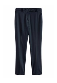 Marine formele broek met een gladde textuur, rechte snit, riemlussen en zijzakken. Heeft een minimalistisch ontwerp, geschikt voor verschillende gelegenheden.