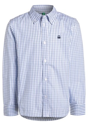 Chemise à manches longues boutonnée avec motif à carreaux bleu et blanc, col boutonné et petit logo brodé sur la poitrine gauche.