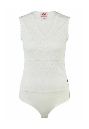 Witte, mouwloze kanten bodysuit met V-hals en gegolfde randen, gelabeld Spieth & Wensky, met een gladde, effen stof aan de onderkant.