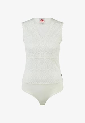 Witte, mouwloze kanten bodysuit met V-hals en gegolfde randen, gelabeld Spieth & Wensky, met een gladde, effen stof aan de onderkant.