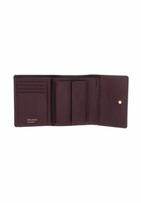 Portefeuille en cuir bordeaux avec une finition texturée, comportant plusieurs emplacements pour cartes et un compartiment central, logo doré à l'intérieur.