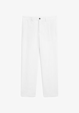 Białe bawełniane spodnie o prostym kroju nogawki, z zapięciem na guzik z przodu, kieszeniami bocznymi oraz gładką fakturą.