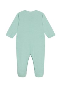 Body per bambini a righe verde chiaro, con maniche lunghe e design con piedi. Tessuto morbido e scollatura arrotondata. Nessuna chiusura visibile.