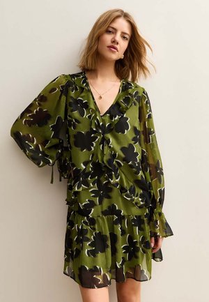 FLORAL FRILL NECK MINI - Jurk - brown pattern