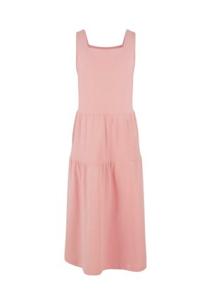 Robe en coton rose avec un décolleté carré, sans manches et jupe à volants. Texture douce et coupe décontractée sur toute la longueur.