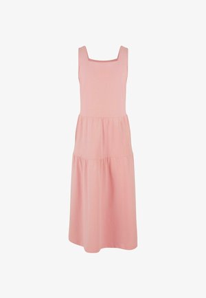 Robe en coton rose avec un décolleté carré, sans manches et jupe à volants. Texture douce et coupe décontractée sur toute la longueur.