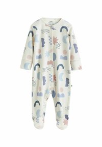 Langærmet babybody i creme med farverige geometriske og abstrakte mønstre, med trykknapper og lukkede fødder. Blødt stof.