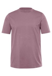 Korte ærmer t-shirt i en afdæmpet mauve farve, lavet af blød bomuld, med en rund halsudskæring og en afslappet pasform uden synlige mønstre.