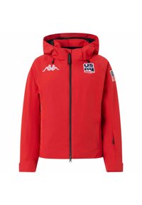 Giacca da sci rossa con cappuccio, zip frontale, logo Kappa, patch della squadra sci USA e bandiera americana sulla manica. Realizzata in materiale durevole.
