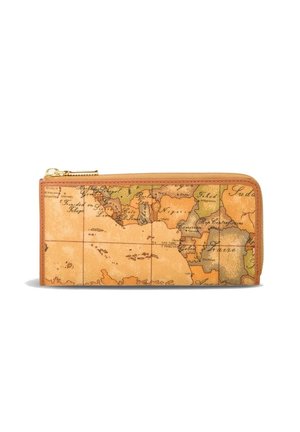 Portafoglio marrone con un design vintage della mappa mondiale, superficie testurizzata e zip dorata.