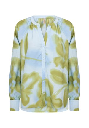 Blouse à manches longues avec boutons, imprimé floral vert style aquarelle sur tissu bleu clair, dotée d'un col rond et de manches à poignets.