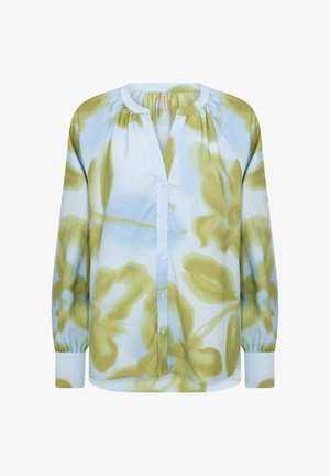 Long-sleeve button-up blouse with watercolor-style green floral print on light blue fabric, featuring round neckline and cuffed sleeves.