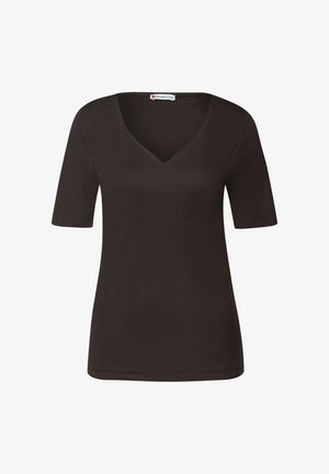 Sort V-hals t-shirt lavet af blød bomuldsblend. Har korte ærmer og en tætsiddende pasform med en subtil glans.