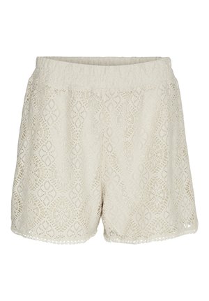 Kremfarvede shorts i blonder med elastisk taljebånd og indviklede blomstermønstre og geometriske udskæringer.