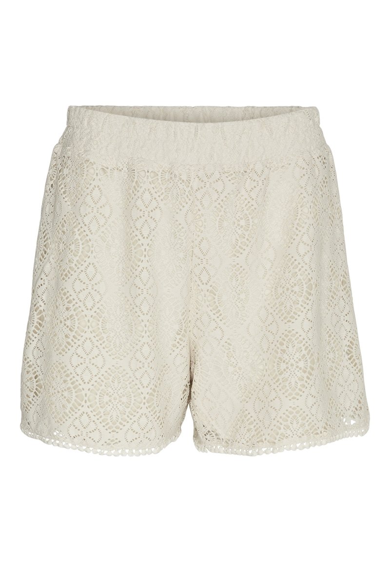 Shorts en dentelle crème avec taille élastique et motifs découpés floraux et géométriques complexes.