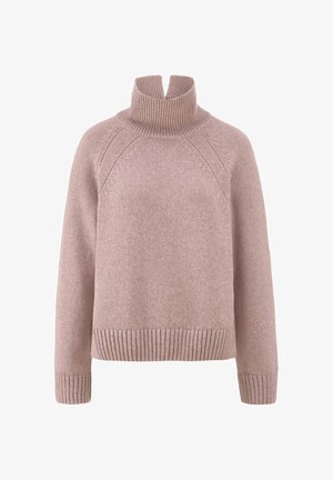 Lichtroze gebreide trui met een hoge funnel nek, geribde manchetten en zoom, en raglanmouwen. Zachte textuur en een relaxed fit.