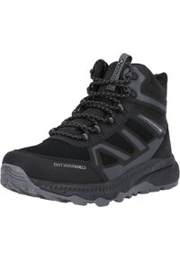 Scarpa da trekking alta nera con pannelli in mesh testurizzati, punta in gomma rinforzata, design accattivante in nero e grigio e lacci resistenti. Resistente all'acqua.