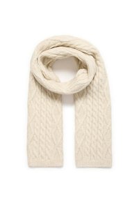 Strikket elfenbensfarvet tørklæde med et kabelmønster, tykkelse og ribbede ender, rullet i en løs løkke. Blødt og varmt materiale.