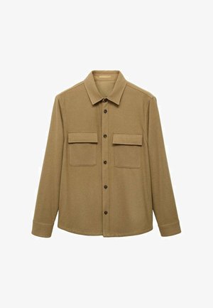 Bruine, lange mouwen shirt gemaakt van zachte stof, met een knoopsluiting aan de voorkant, twee borstzakken en een klassiek kraagontwerp.