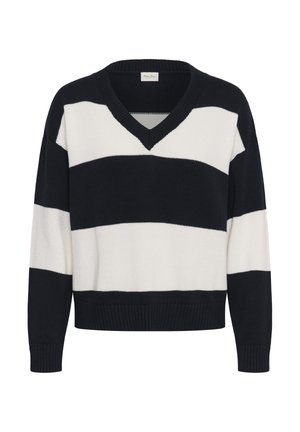 Mustvalge triibuline V-kaelusega kampsun, millel on pikad varrukad ning soonikkoes mansetid ja ääred.