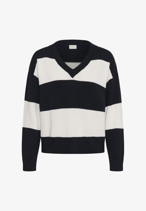 Mustvalge triibuline V-kaelusega kampsun, millel on pikad varrukad ning soonikkoes mansetid ja ääred.