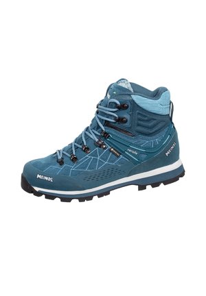 Blauer hoher Wanderschuh mit verstärkter Zehenkappe, gepolstertem Knöchelbereich, Metallösen und strukturiertem Profil für besseren Halt im Freien.