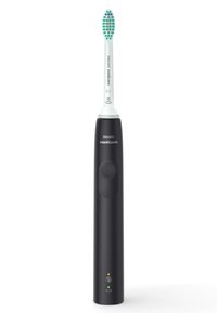 Spazzolino elettrico Philips Sonicare con manico nero, testa bianca, punte delle setole verdi e blu, e pulsante di controllo.