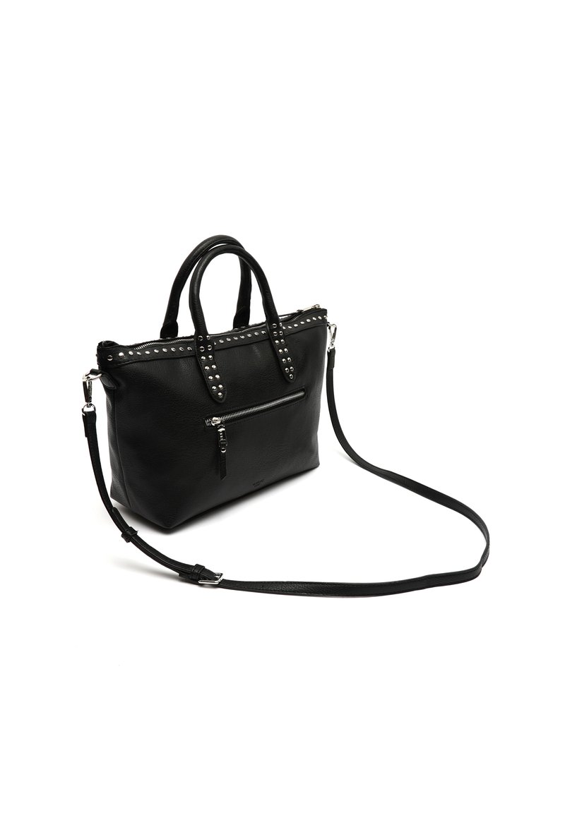 Borsa a tracolla in pelle nera con borchie lungo il bordo superiore, dotata di due manici corti e una tracolla rimovibile. Include una tasca frontale con zip.