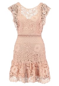 Krátké rukávy háčkované šaty v jemně broskvové barvě, s květinovými vzory, těsně přiléhajícím živůtkem a volánkovým lemem. Texturované krajkové detaily po celém oděvu.