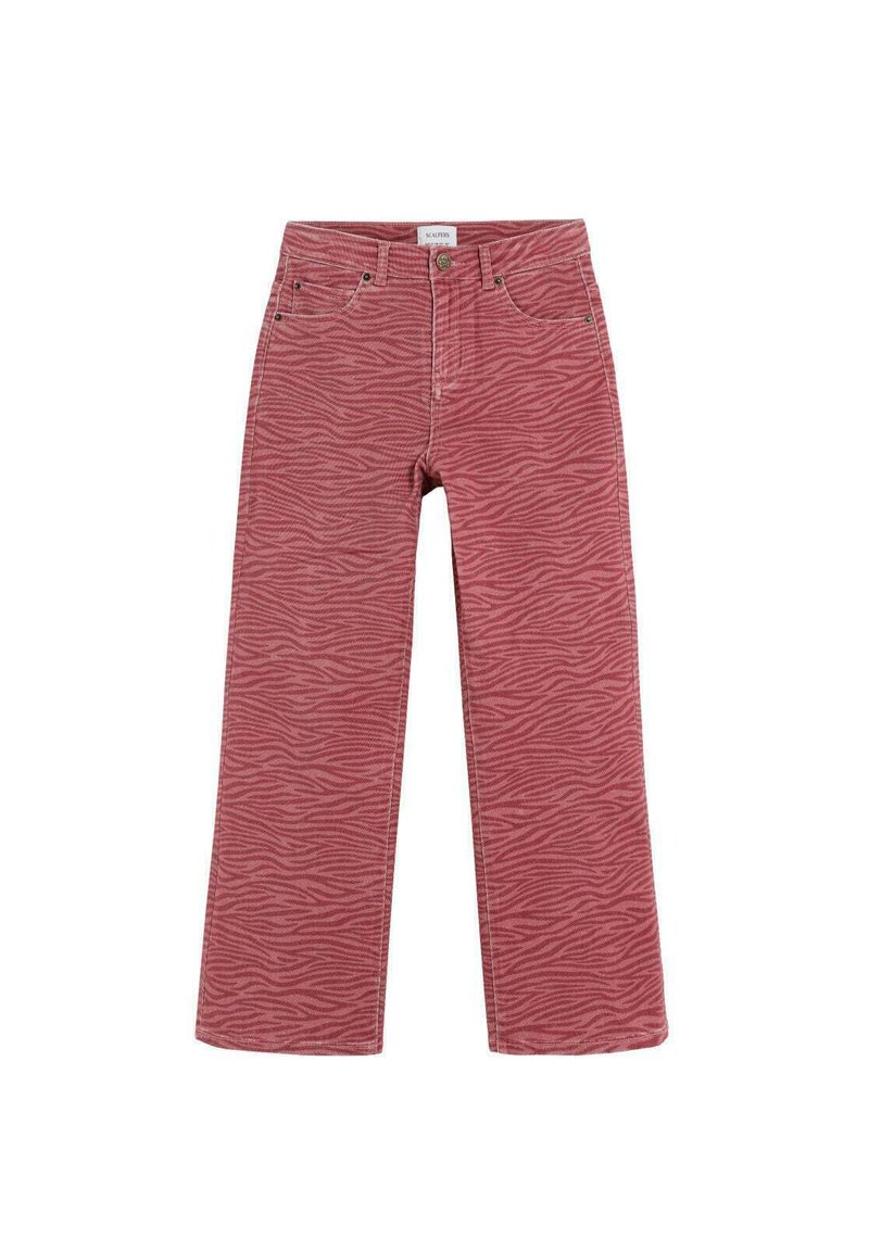 Jeans rojos de pierna ancha con un patrón de cebra texturizado, que cuentan con una bragueta de botones, cinco bolsillos y detalles de costura sutiles.