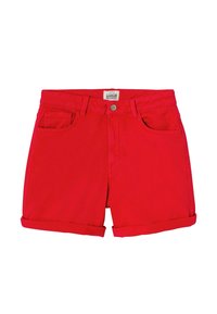 Shorts en denim rouge avec ourlets repliés, bouton frontal, fermeture éclair et cinq poches, y compris une petite poche à monnaie.